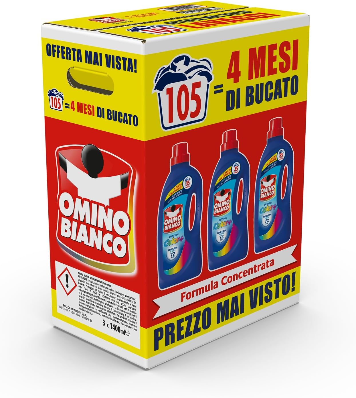 Omino Bianco - Detersivo Lavatrice Liquido Color+, 105 Lavaggi, Specifico per Capi Colorati, Tecnologia Salva i Colori e Cattura il Grigiore, 1400 ml x 3 Confezioni